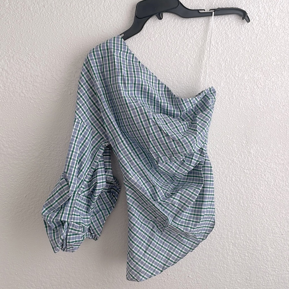 Petersyn one-shoulder plaid blouse, S
